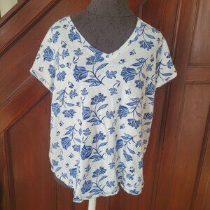 Cynthia Rowley White & Blue Floral V-Neck Short Sleeve Womens Top Size L